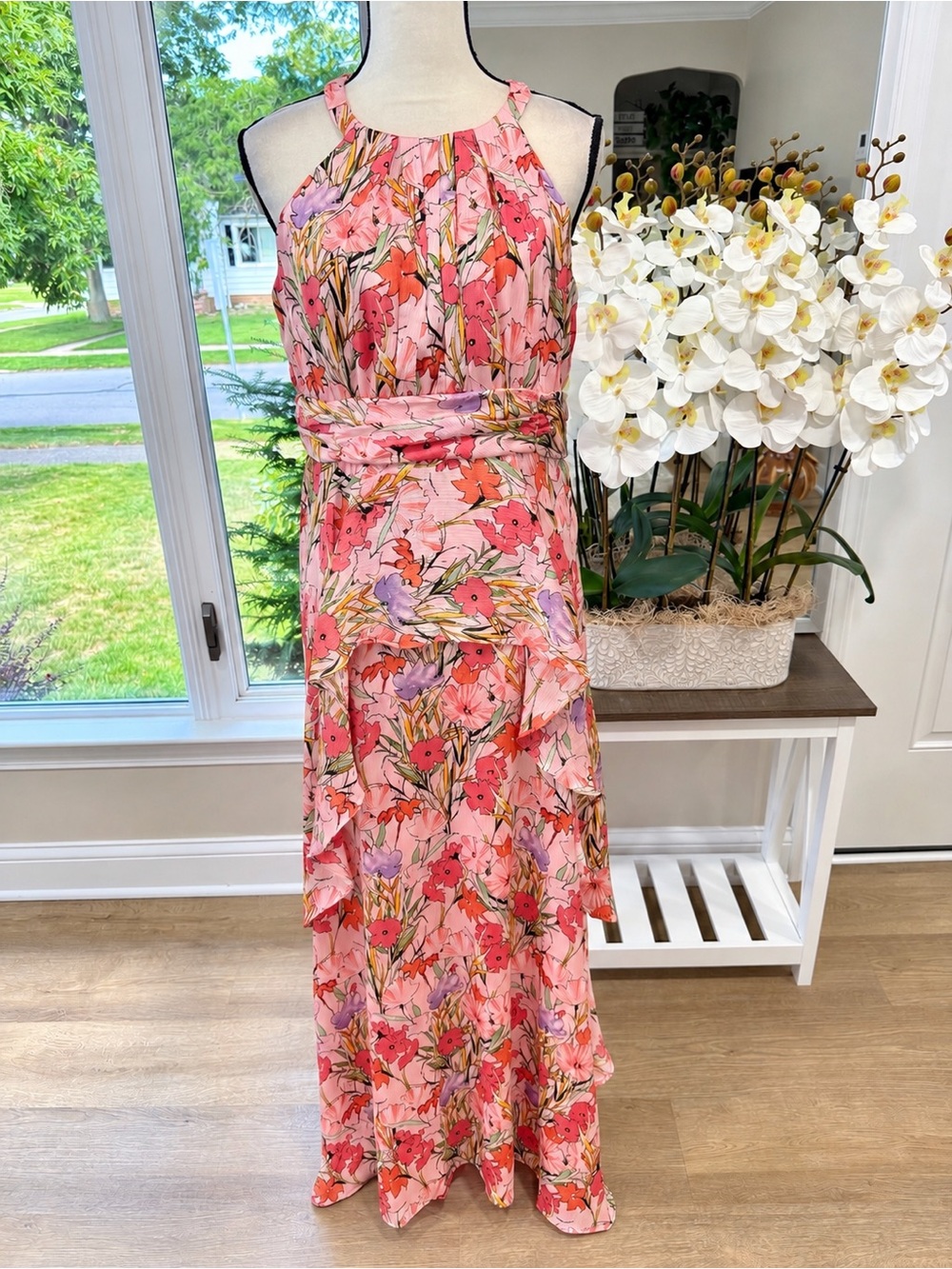 R&M Richards Pink Floral Maxi Dress Size 14 Petite Halter Neck Ruffle